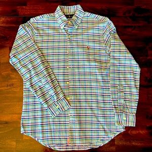 Ralph Lauren Men’s Button Down. Size Small. Buttoned collar. Blue plaid.